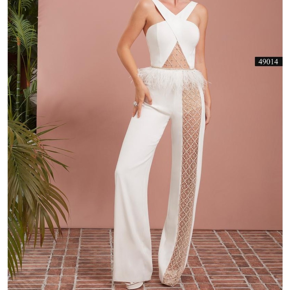 Saboroma White Jumpsuit with Lace and Feather Accents